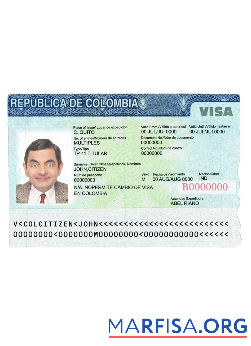 Downloadable Colombia travel visa example
